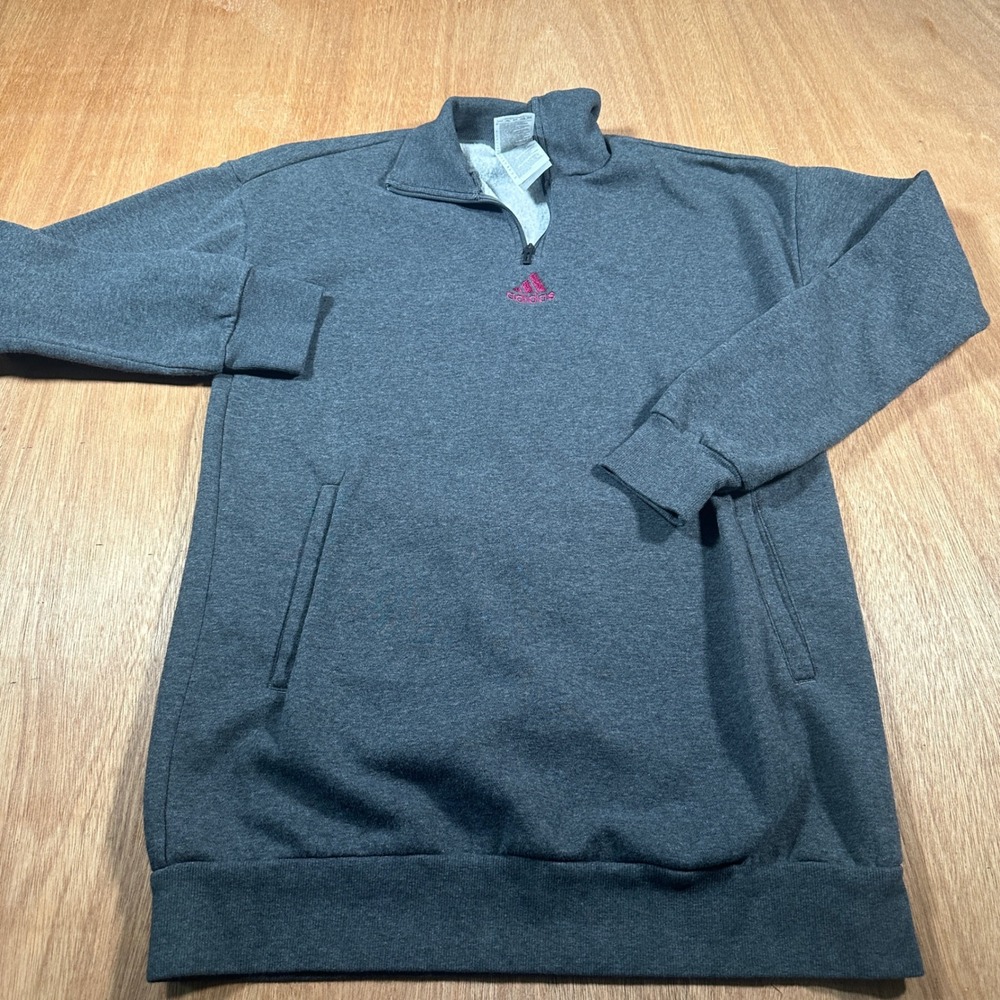 Adidas Quarter Zip Sweatshirt Womens XS Gray Pink Logo Fleece Pullover Mock Neck